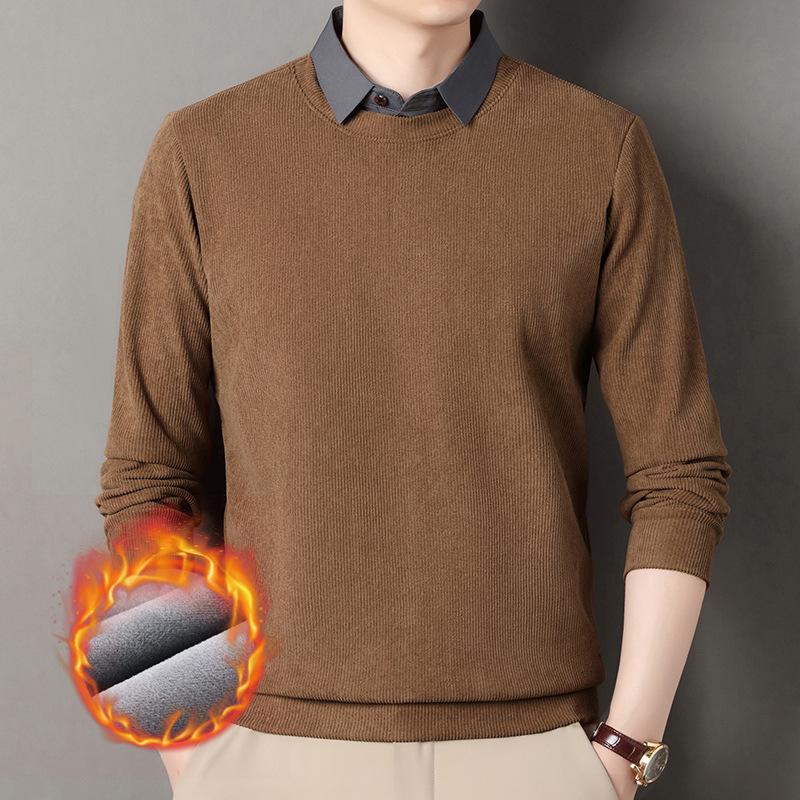 

Men s Winter 2026 Faux Two-Piece Fleece-Lined Sweatshirt, Solid Color, Turn-Down Collar, Thick and Warm Long-Sleeve. M хаки