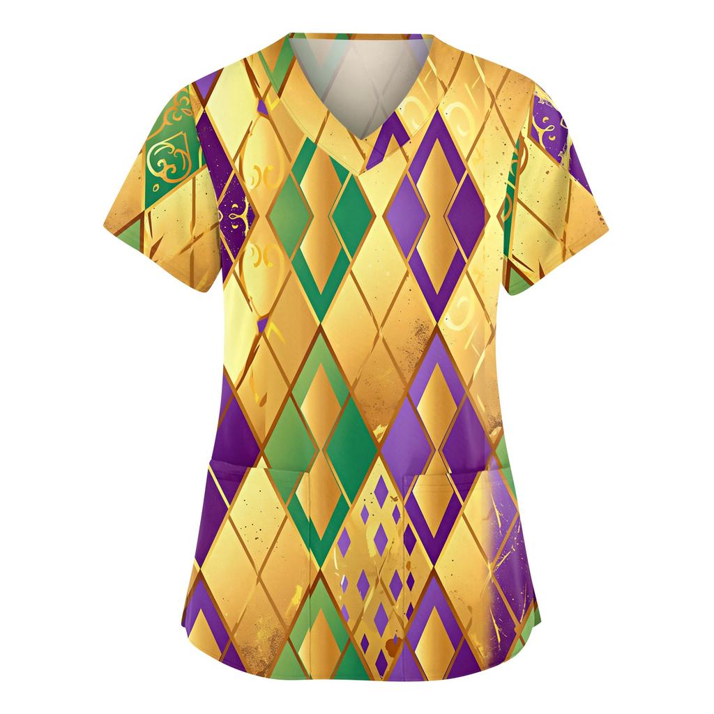 Damen Modische V-Ausschnitt Arbeitskleidung Bedruckt Kurzärmlig Tasche Seitenschlitz Arbeitskleidung Basic Pullover Top