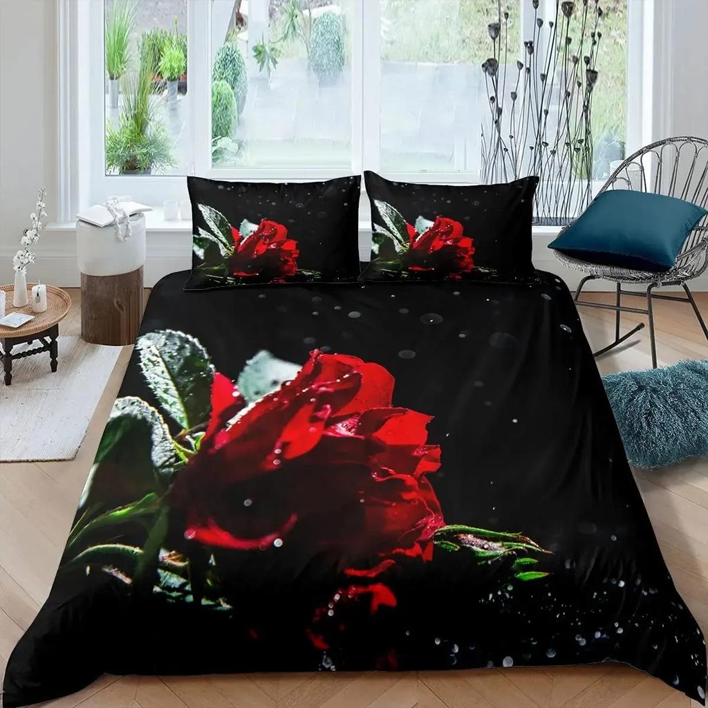 Růžová sada povlečení pro ženy Elegantní fialový květinový potisk Ložní sada Romantické květiny Třpytky King Size povlak na přikrývku Pro páry