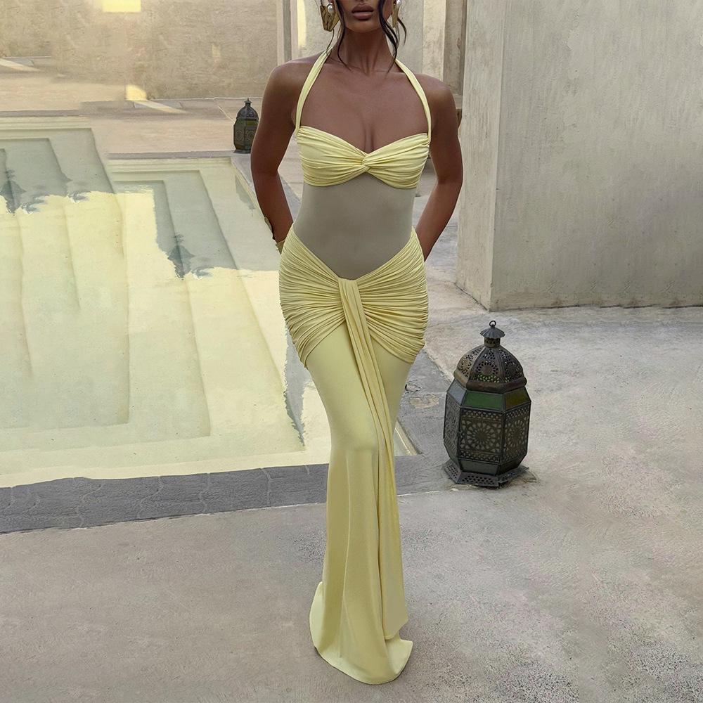 Elegant 2025 Ruched Backless Women's Long Dress with Hip-Wrap Design