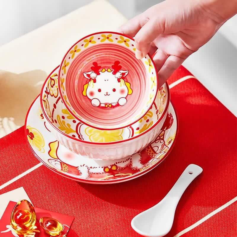 JINGREPUBLIC Cute Cartoon Dragon Girl 6-Piece Ceramic Tableware Set
