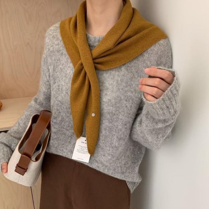 Korean Versatile Knitted Triangular Scarf Women Autumn Winter Wool Blend Solid Simple Small Shawl Female Stylish Woolen Wrap