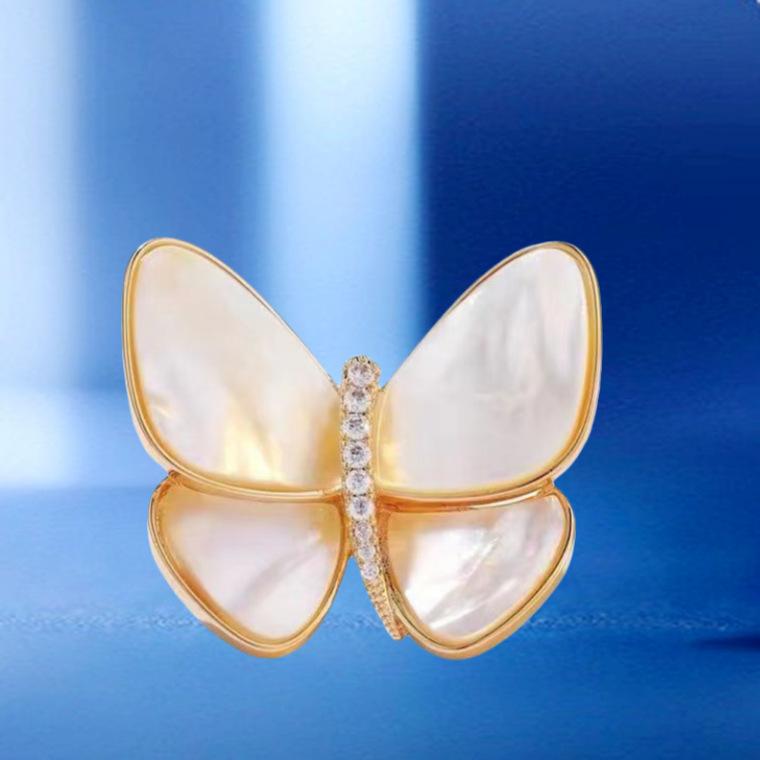 

Натуральный Цирконий Легкий Роскошный Корсаж Одежды Элегантный Анти-Светоотражающий Значок Высокого Качества Брошь Бабочка Материнской Ракушки Electroplated real gold белый