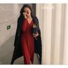 Niche Design Sense V-neck Red Knitted Dress Autumn and Winter New Temperament Sweater Skirt Annual Meeting Dress Skirt