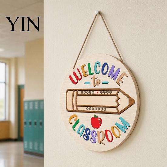 Panneau de bienvenue en bois pour la rentrée scolaire, pour la porte de la classe, Notre porte ronde avec cordelette de suspension, Panneau d'entrée, Décoration pour la maternelle