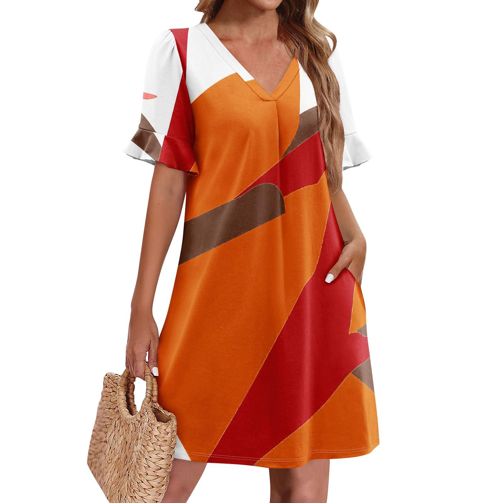 

Летние платья для женщин с V-образным вырезом, оборками и коротким рукавом, повседневное свободное платье с принтом, пляжное платье с карманами L шафрановый