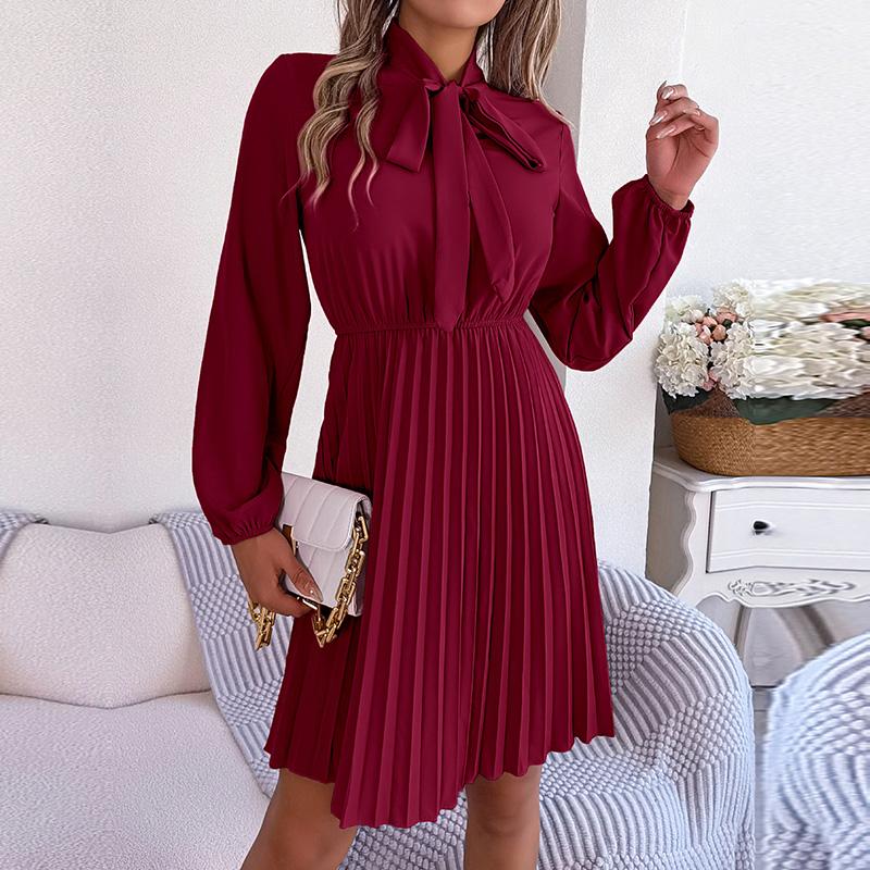 Women's Autumn Winter Temperament Lace Up Solid Color High Waist Long Sleeve Pleated Dress