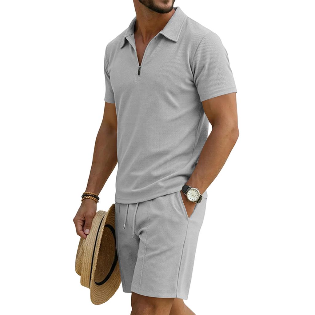 Men's Short Sleeve Polo Shirt and Shorts Set with Pockets Summer Casual Sportswear Lightweight Breathable Waffle Knit Fabric