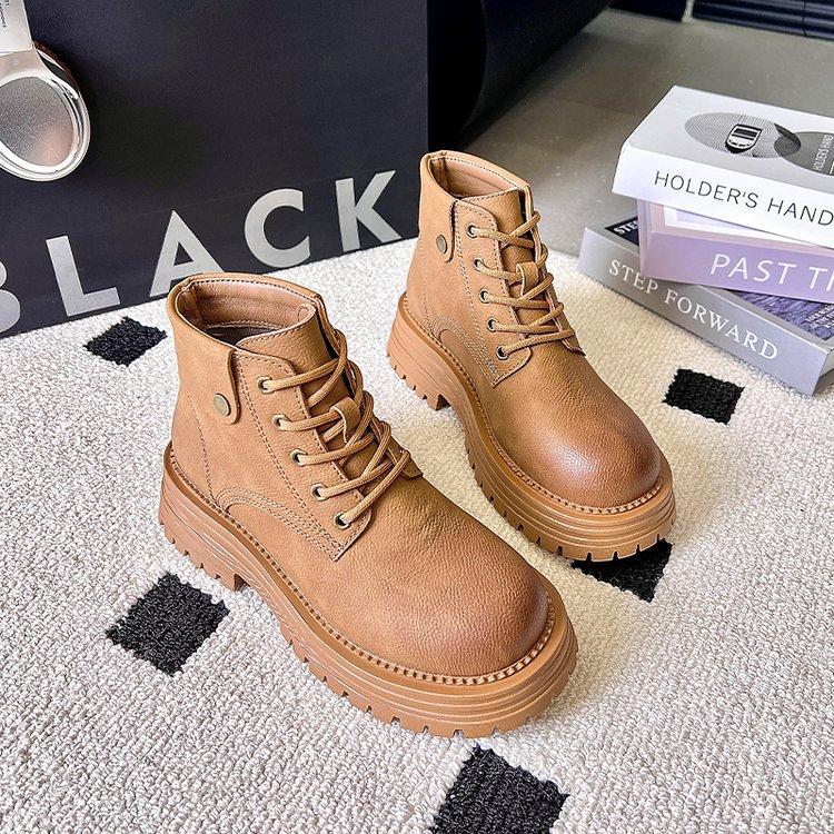 thick-soled thick-heeled flip-top frosted leather Martin boots women's boots 2025 new British style recreational locomotive medium boots short boots