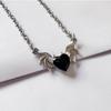 Charm Gothic Sliver Color Devil's Wing Bat Wings Red Heart-shaped Glass Crystal Pendant Necklace for Women Halloween Jewelry