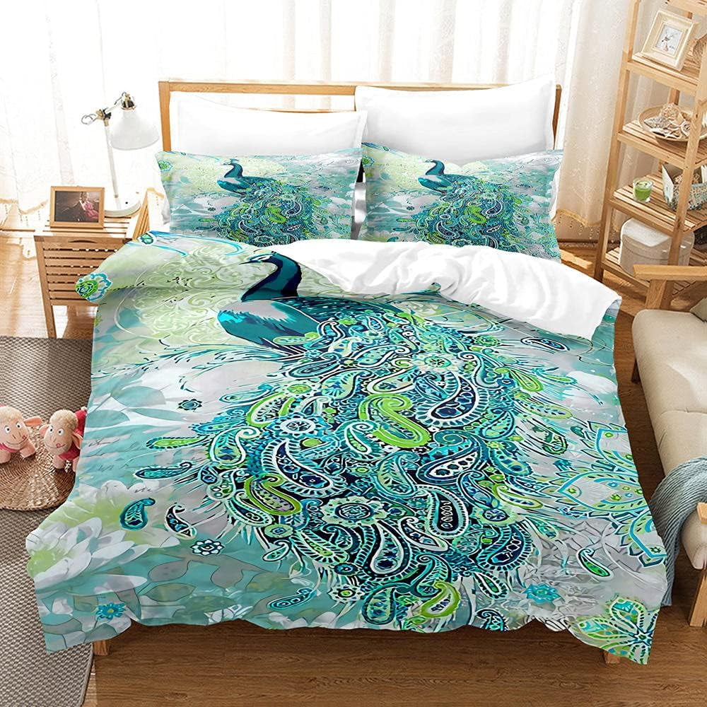 Peacock Soft Duvet Cover Set Quen Sized Dimensions Lovely Animal Theme Beding Set Print for Children's Adult Peoples plus Tens, Soft Warm plus