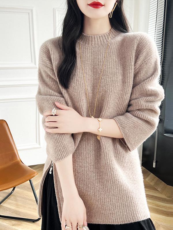 Women's Mid-Length Cashmere Sweater - Pleated Slit, Round Neck Knitwear for Autumn/Winter