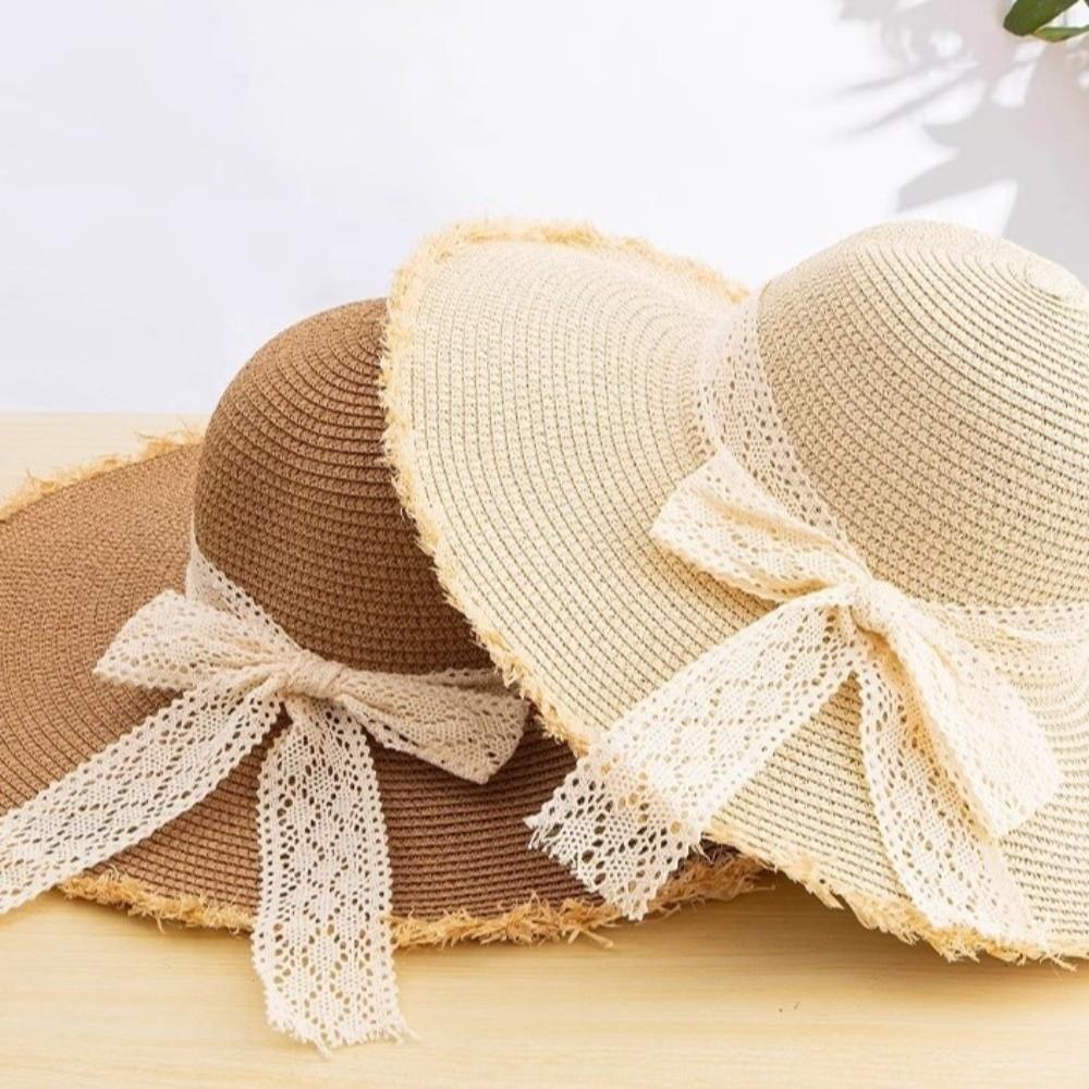New Lace Outdoor Sun Hat Bow Frills Elegant French-style Beach Hat Stylish Lace Straw Cap