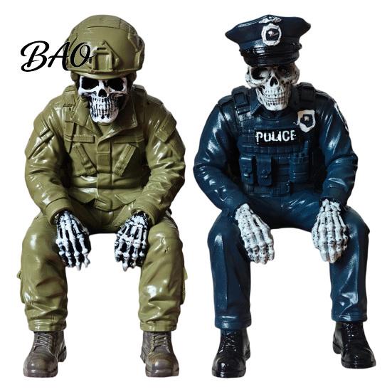 Dark Aesthetic Room Accents Halloween Skeleton Ornament, Policeman/Military Resin Gothic Skull Figurine, Horror Home Ornaments Style Sitting