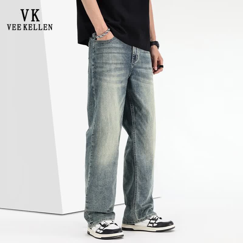 VEE KELLEN Men's Lightweight Summer Loose Straight-Leg Retro Denim Jeans