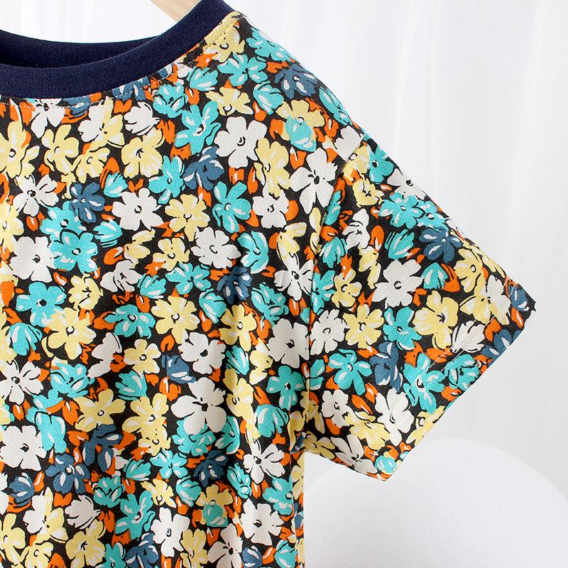 Summer Korean Floral Short-Sleeve Dresses for Girls: Middle To Large Sizes