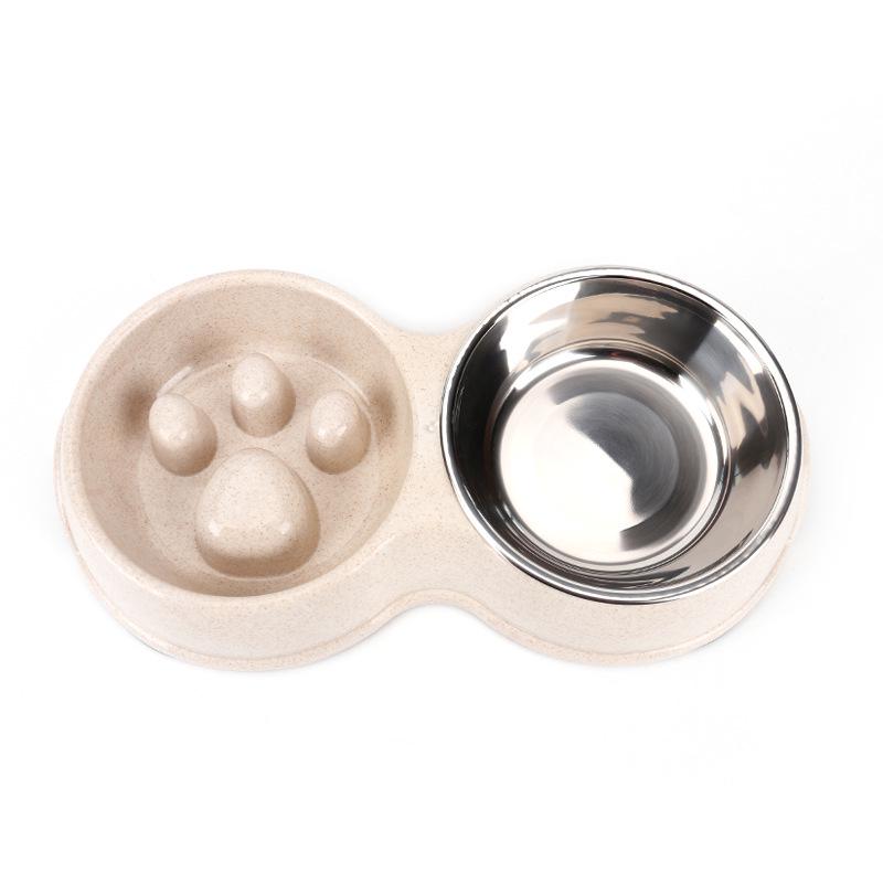 Wheat Straw Stainless Steel Double Pet Bowl - Anti-Choke Slow Feeder for Dogs and Cats