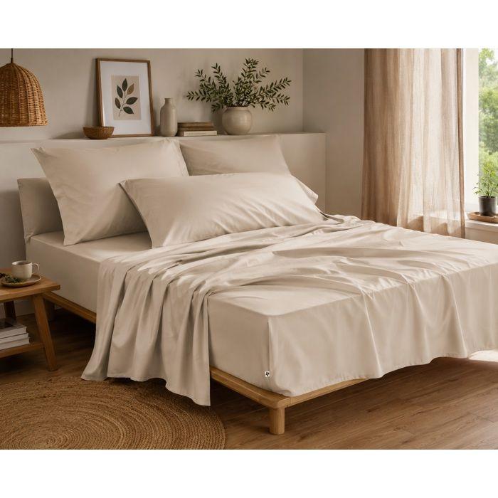 Drap Housse 180x200 cm percale de coton beige pampa Perrine