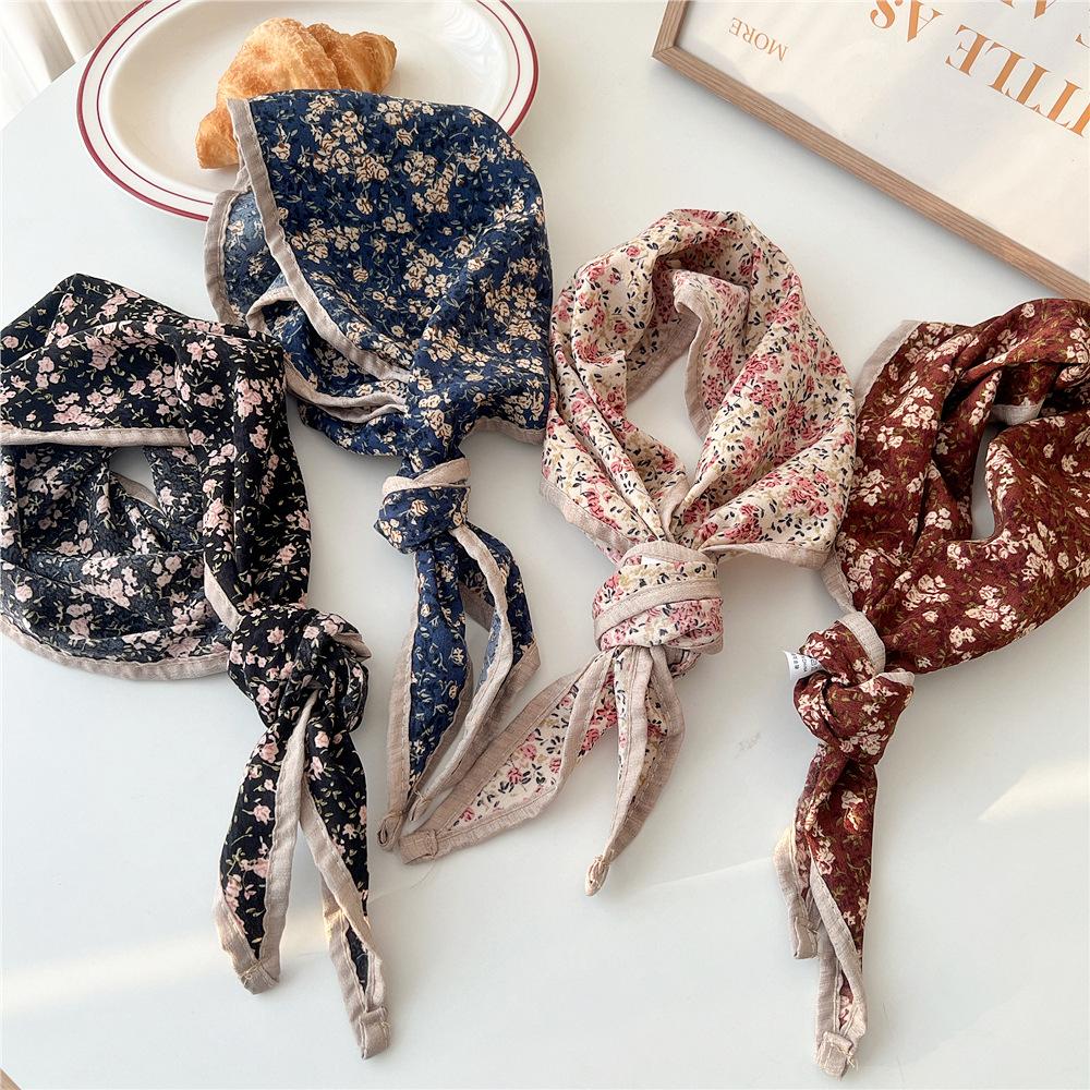 Fashion Retro Headscarf Cotton Hair Scarf Thin Neck Scarves Women Ribbon Headband Floral Print Bandana Head Scarf Autumn