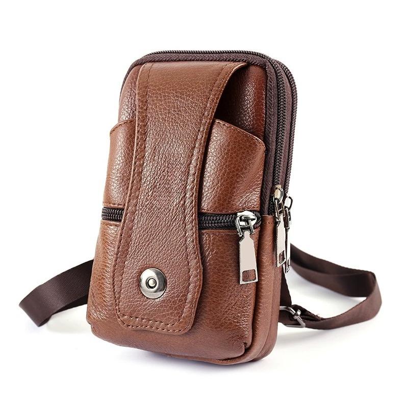 Borsa a tracolla per telefono in vera pelle, Custodia da cintura per telefono da uomo, Marsupio multi-tasca con cerniera, Portacarte, Portafoglio EDC da viaggio a mani libere