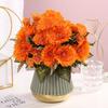 Orange Artificial Chrysanthemum Flowers, Fake Silk Bouquet with Greenery for Home Decor