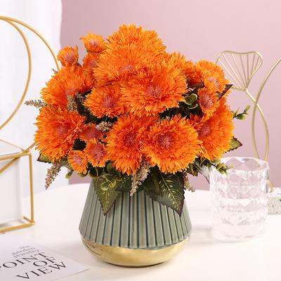 Orange Artificial Chrysanthemum Flowers, Fake Silk Bouquet with Greenery for Home Decor