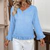Women's Casual Fashion Ruffle V-Neck Pocket Solid Color Long Sleeve Top