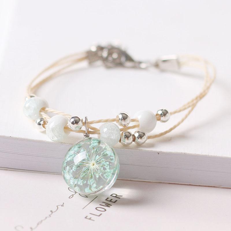 

Handmade Dried Flower Bracelet For Women, Pink Real Flower Resin Pendant Bracelet With Ceramic & Silver Beads, Dainty Boho Floral Jewelry Gift морська хвиля