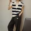 Fashion Lapel Striped Knitted Short Sleeve T-shirt Women V Neck Loose Casual Office Top Spring Summer Elegant Simple Blouse Female Clothing