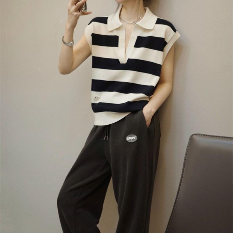 Fashion Lapel Striped Knitted Short Sleeve T-shirt Women V Neck Loose Casual Office Top Spring Summer Elegant Simple Blouse Female Clothing