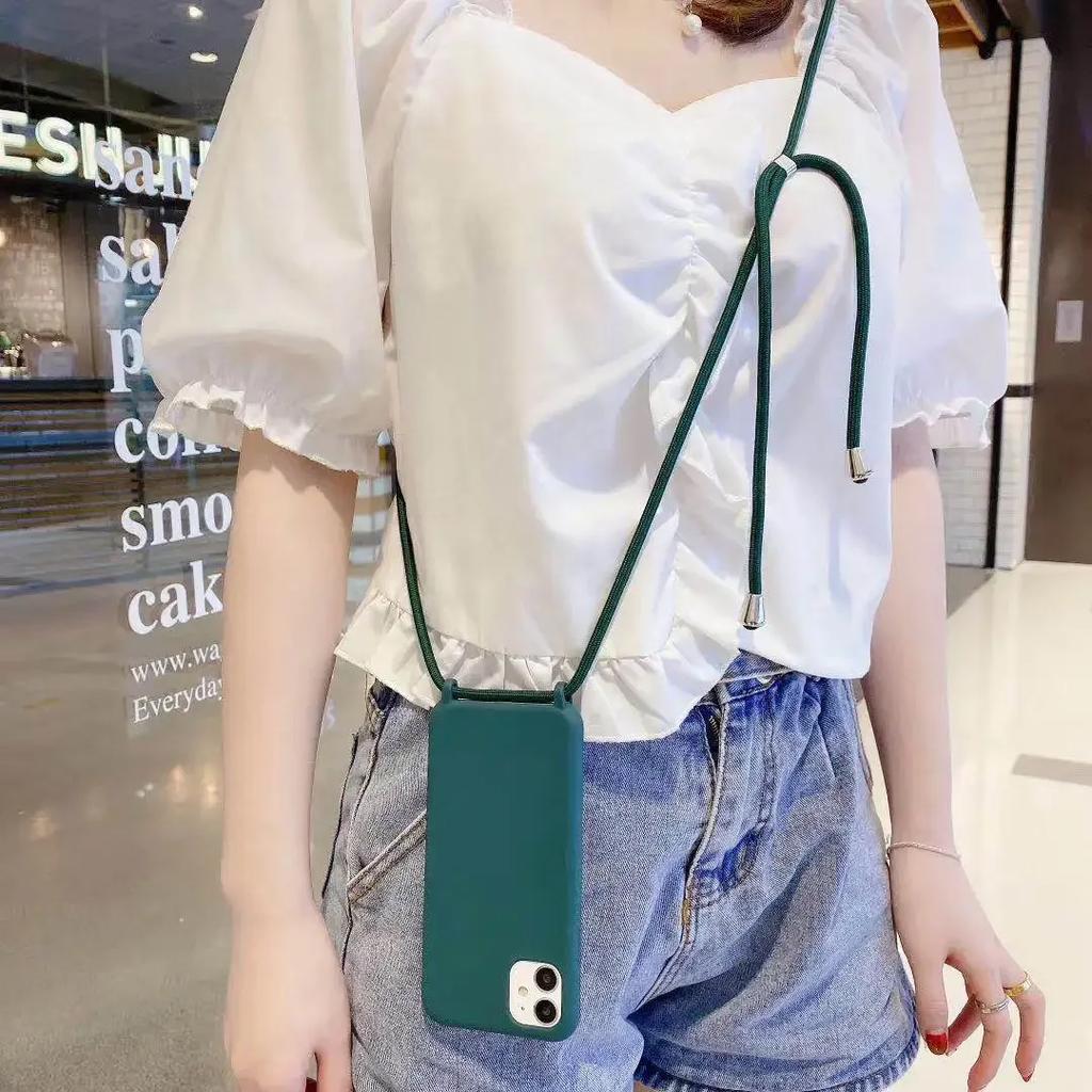 Matte Silicone Phone Case for IPhone 13 12 Mini 16 15 14 11 Plus Pro Max Crossbody Lanyard Necklace Strap Candy Color Soft Cover