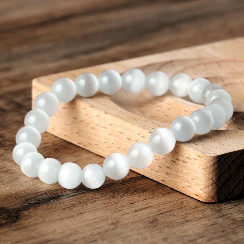 Selenite Cat's Eye Beaded Bracelet – Minimalist Calm Jewelry, Spiritual Cleansing Gift for Women
