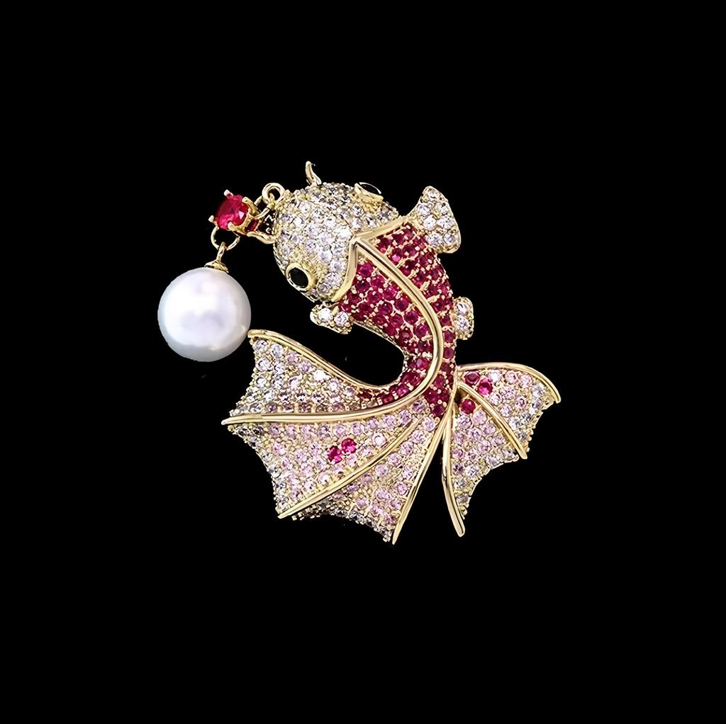 Full-diamond Three-dimensional Goldfish Brooch, High-end Feminine Charm, Pearl Koi, Light Luxury, Niche Design Sense Brooch