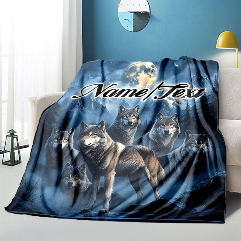1PC Custom Name Wolf Pack Moonlight outdooor Flannel blankets Throw Blanket All-Season Throw Gift Bedspread for Couch, Bed, Camping Holiday Birthday g