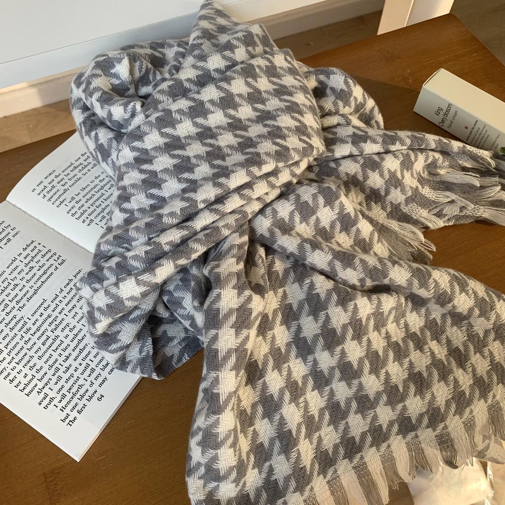 Winter Warm Couple Knitted Plaid Scarf Korean Style Versatile Tassel Contrast Color Houndstooth Scarf for Women