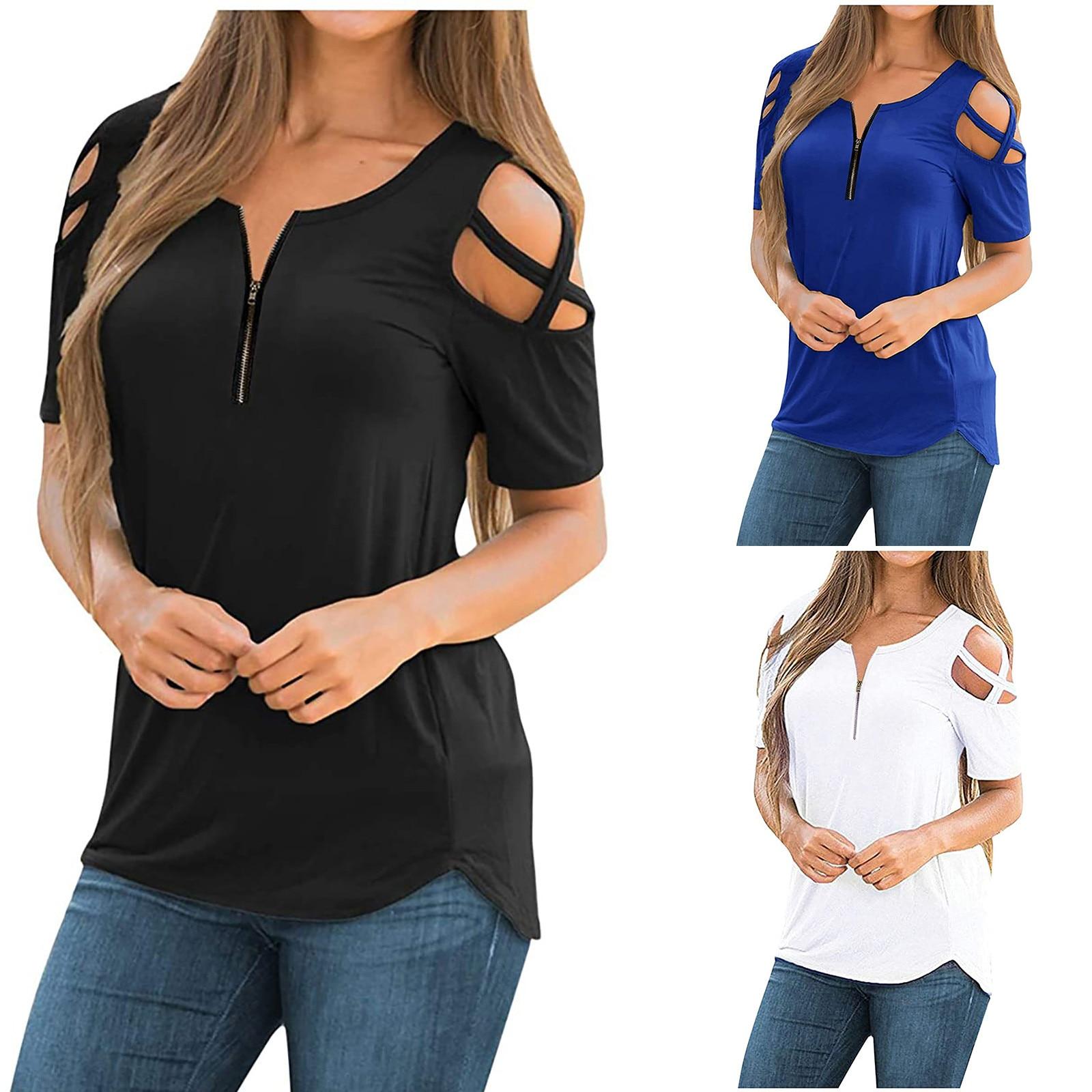 

Women‘s Summer T Shirts Short Sleeve Tunic Strappy Cold Shoulder Solid Tops Casual S чорний