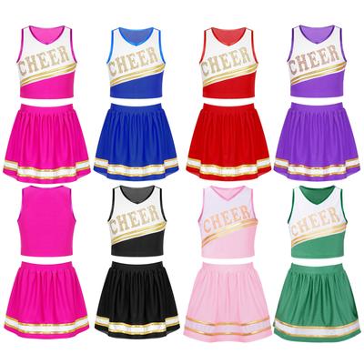 Youth Girls Cheerleading Performance Dancewear Cheer Crop Top with Pleated Skirt Cheer Leader Uniform