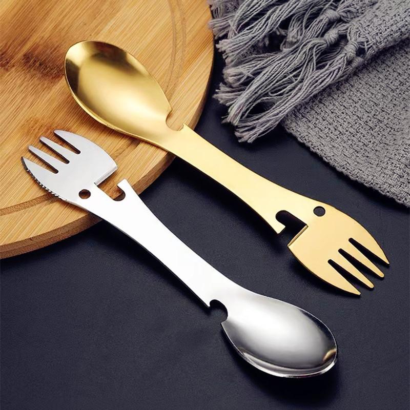 5 In 1 Multitool Stainless Steel Fork Spork Spoon Cutlery Flatware Utensil Portable Camp Multi Tool Bottle Opener Can Opener