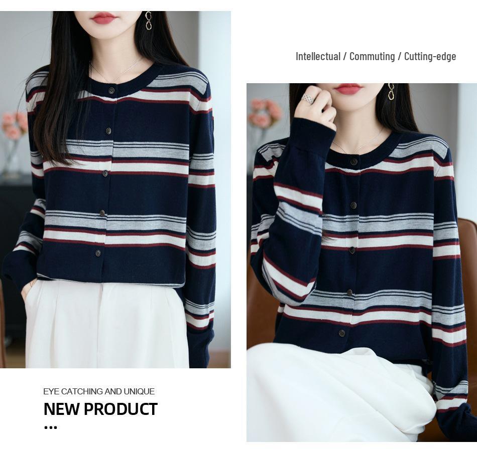 Autumn 2026 Women's Striped Wool Cardigan Sweater, Round Neck, Korean Style