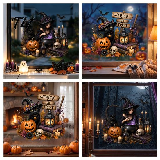 Static Cling Decals Halloween Witch/Black Cat Glass Stickers, Double-sided PVC Waterproof Window Clings, Removable Decor with Pumpkins Skulls