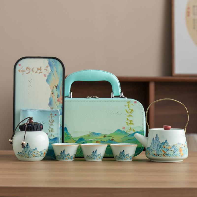 Company annual meeting gifts thousands of miles of Jiangshan Ru kiln travel tea set teapot souvenir portable Kung Fu Kuaike cup