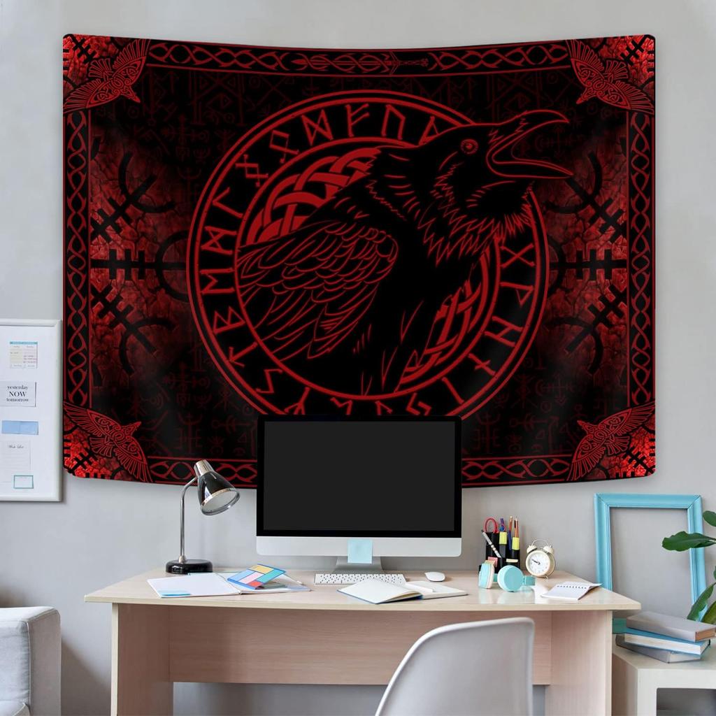 Viking Raven Crow Meditation Runes Wall Art, Red Tapestry for Bedroom, Living Room, Dorm - 60x40Inch