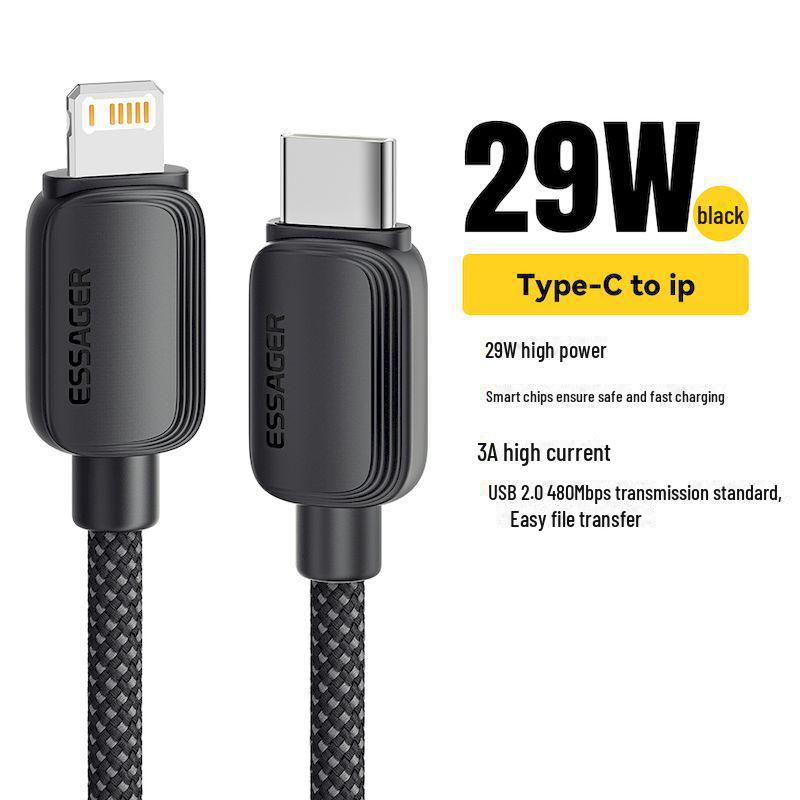 

ESSAGER 29W Apple PD кабель для быстрой зарядки iPhone 8-14 и iPad 1 meter чёрный