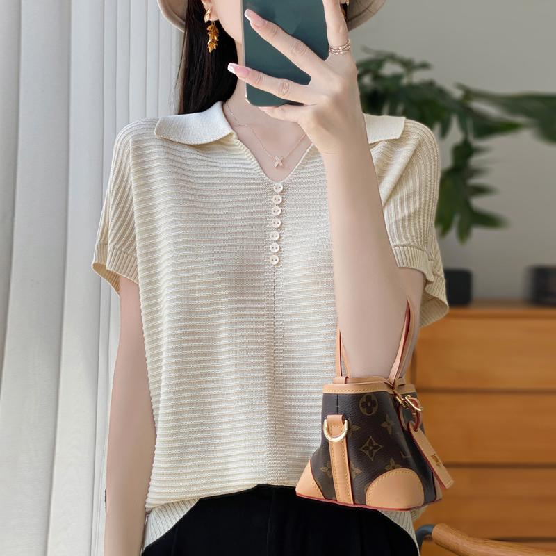 Women Knit T-shirt Summer Knitted Shirt Short Sleeve Tees Turn-down Collar Pullover Knit Tops Female