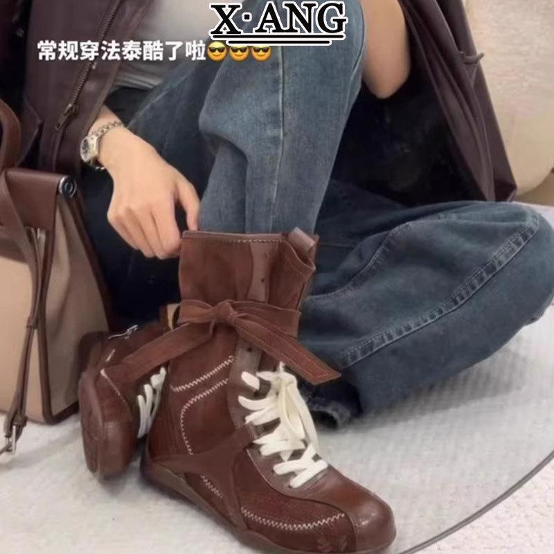 Cowhide version Maillard brown boxing boots inner height increase Martin boots women's retro locomotive boots outdoor mid boots