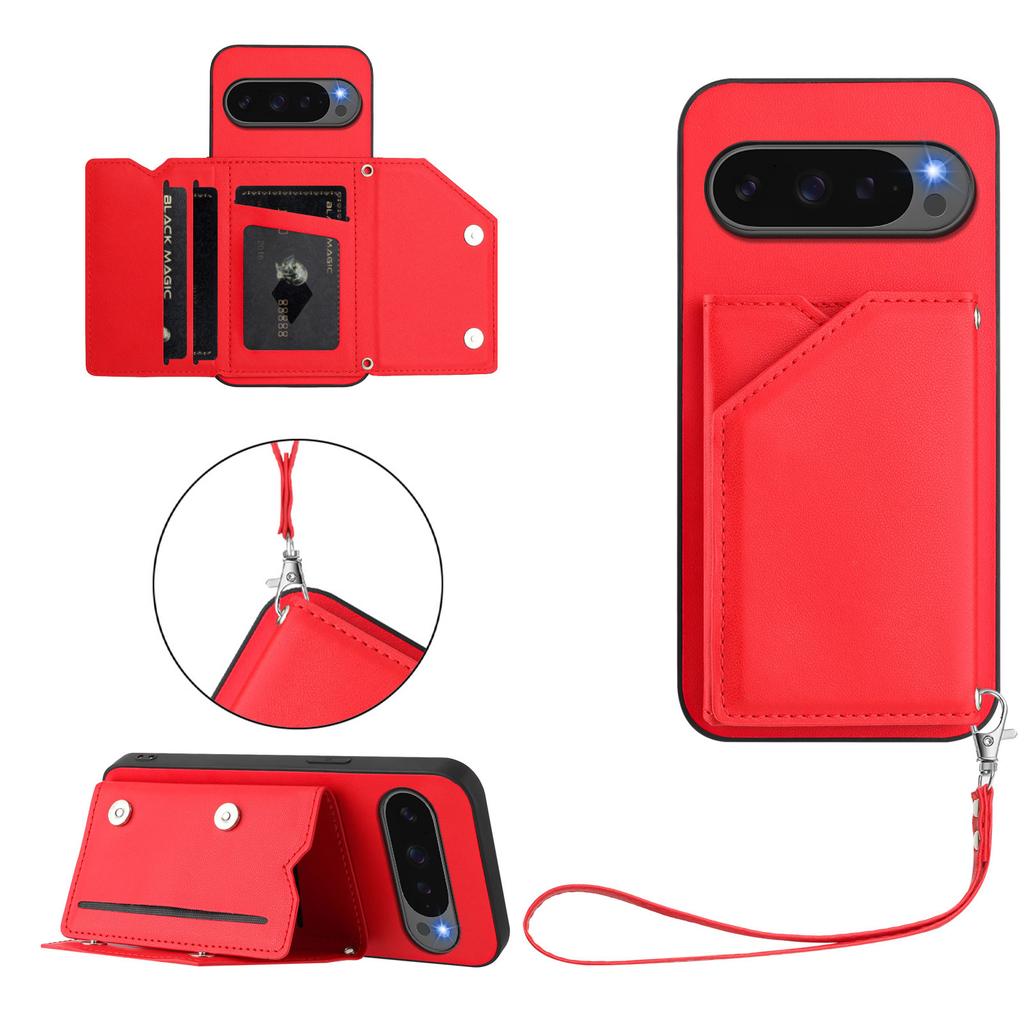 For Google Pixel 10 Pro XL Case Card Holder Kickstand Skin-Touch Phone Cover with Wrist Strap