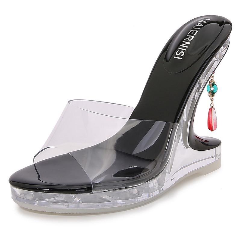 

Women Crystal Wedge Heel Slide Sandals Pendant Transparent High Heel Sandals for Office Nightclub Party Pub Bride Model Host 35 чёрный
