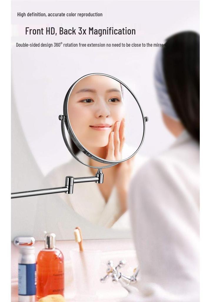 Double-Sided Telescopic Wall-Mounted Magnifying Makeup Mirror, No-Drill Installation
