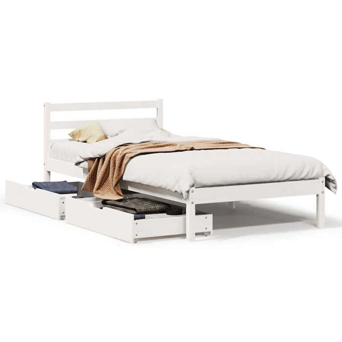 VidaXL Bed Frame with Drawers White 100x200 Cm Solid Pine Wood, Slatted Base, Single Bed Frame, Wooden Bed Frame 3301537