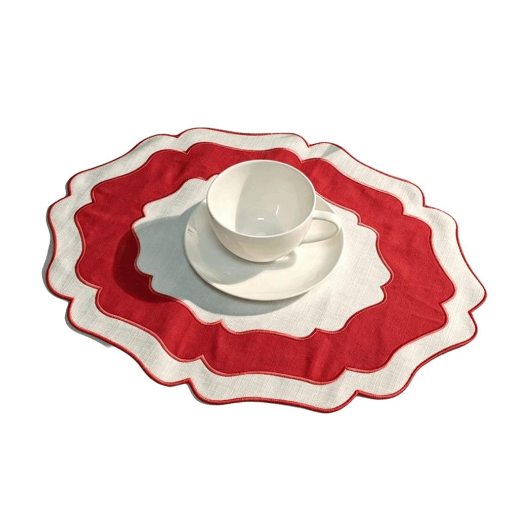 Heat Insulation Scalloped Linen Placemat Wear Resistant Machine Washable Textured Dining Placemat Restaurant Use